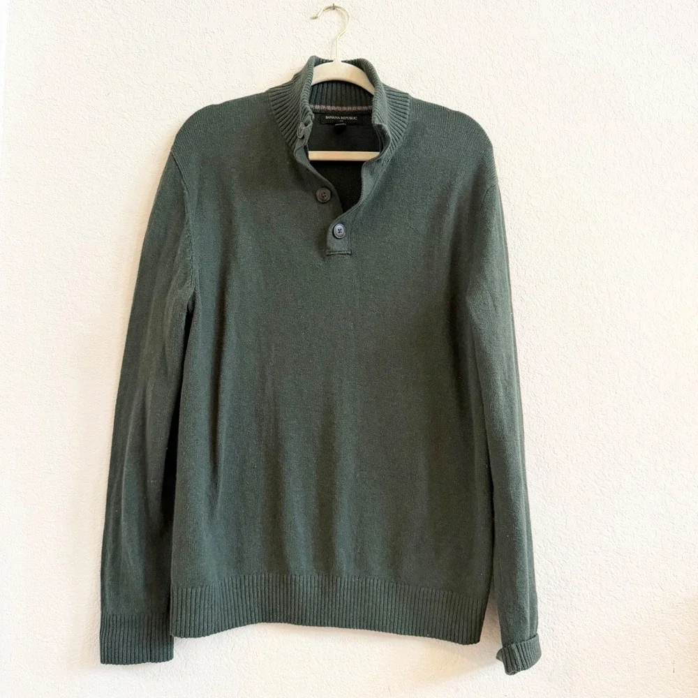 Banana Republic Mens Forest Green Cotton Wool Blend Mock Neck Button‎ Sweater L